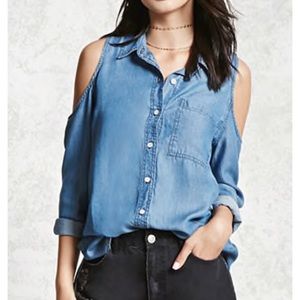 Open shoulder jean shirt
